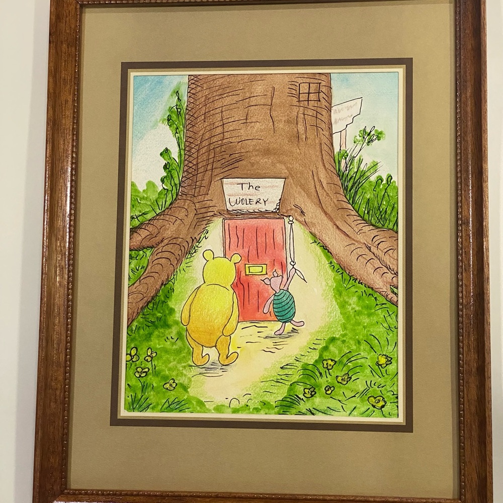 Prismacolor Pencil Drawing of Winnie The Pooh Framed on Paper Hand Made Baby